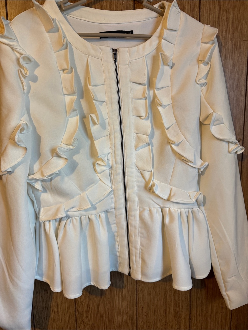 Ina White Ruffle Zip-Front Blazer Jacket